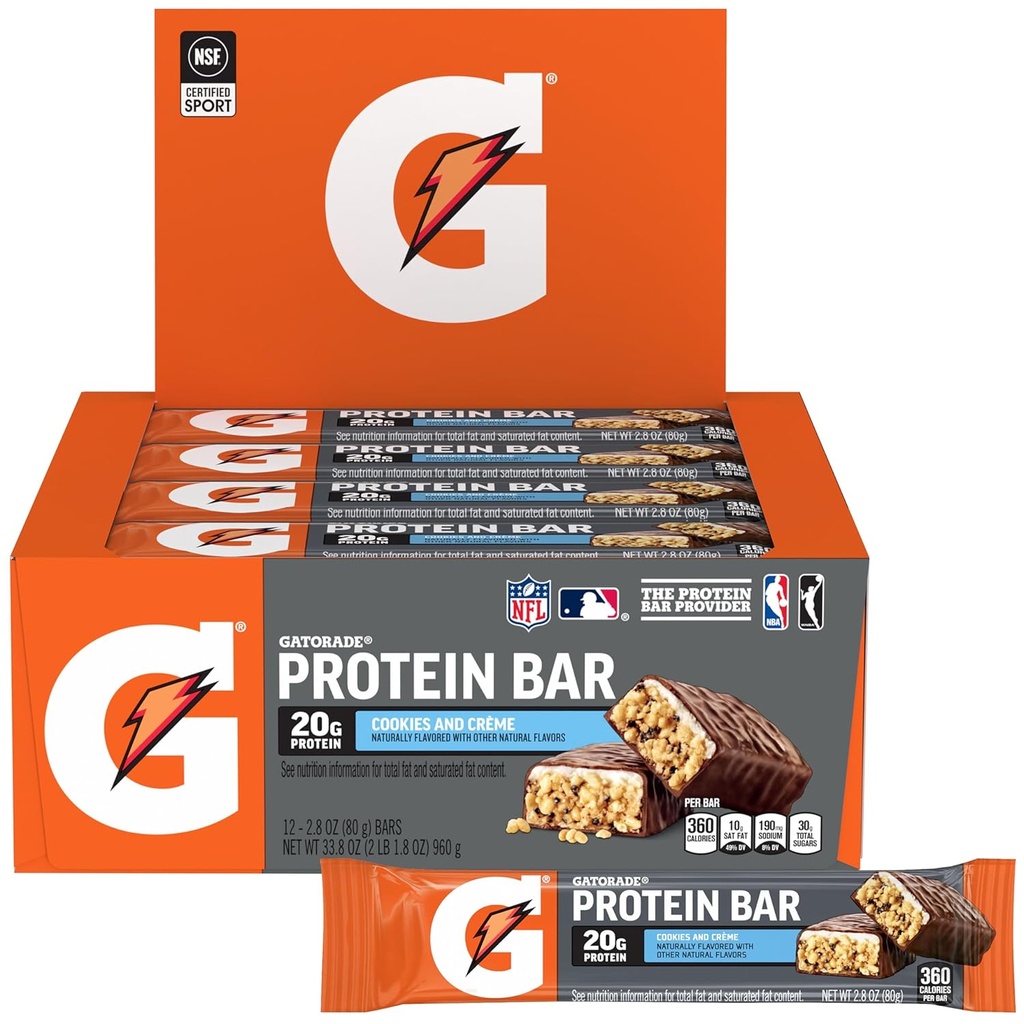 Barres protéinées Gatorade Whey, Cookies & Crème, 2.8 oz (paquet de 12, 20g de protéines par barre)