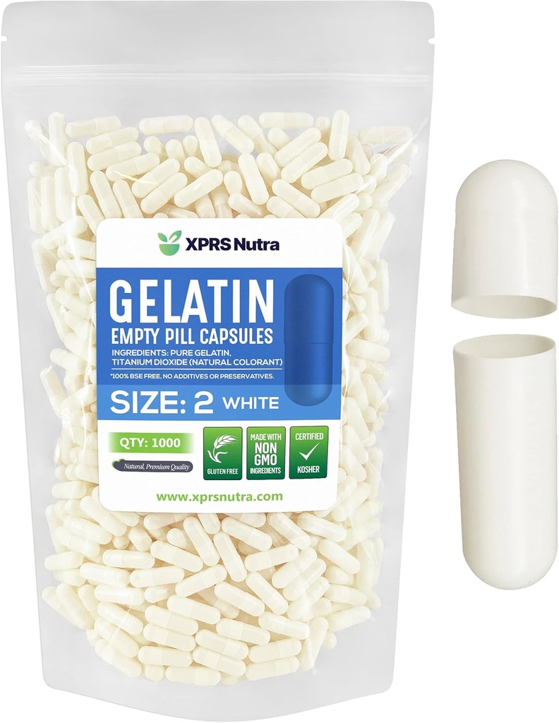 XPRS Nutra Größe 2 Leere Kapseln - 1000 Graf Leere Gelatine Kapseln - Pillen DIY Kapsel Füllung - Pure Bovine Pille Gel Kapseln für Do-It-Yourself Ergänzungen (Weiß)