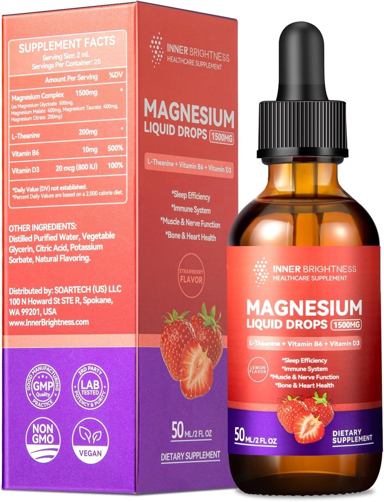 Glycinat de magnésium gouttes liquides avec Citrate de magnésium et Taurate, L-Theanine, Vitamine D3, B6 - Soutient le calme, le sommeil, la relaxation musculaire, les crampes et l'énergie des jambes, sans sucre fraise, 50mL