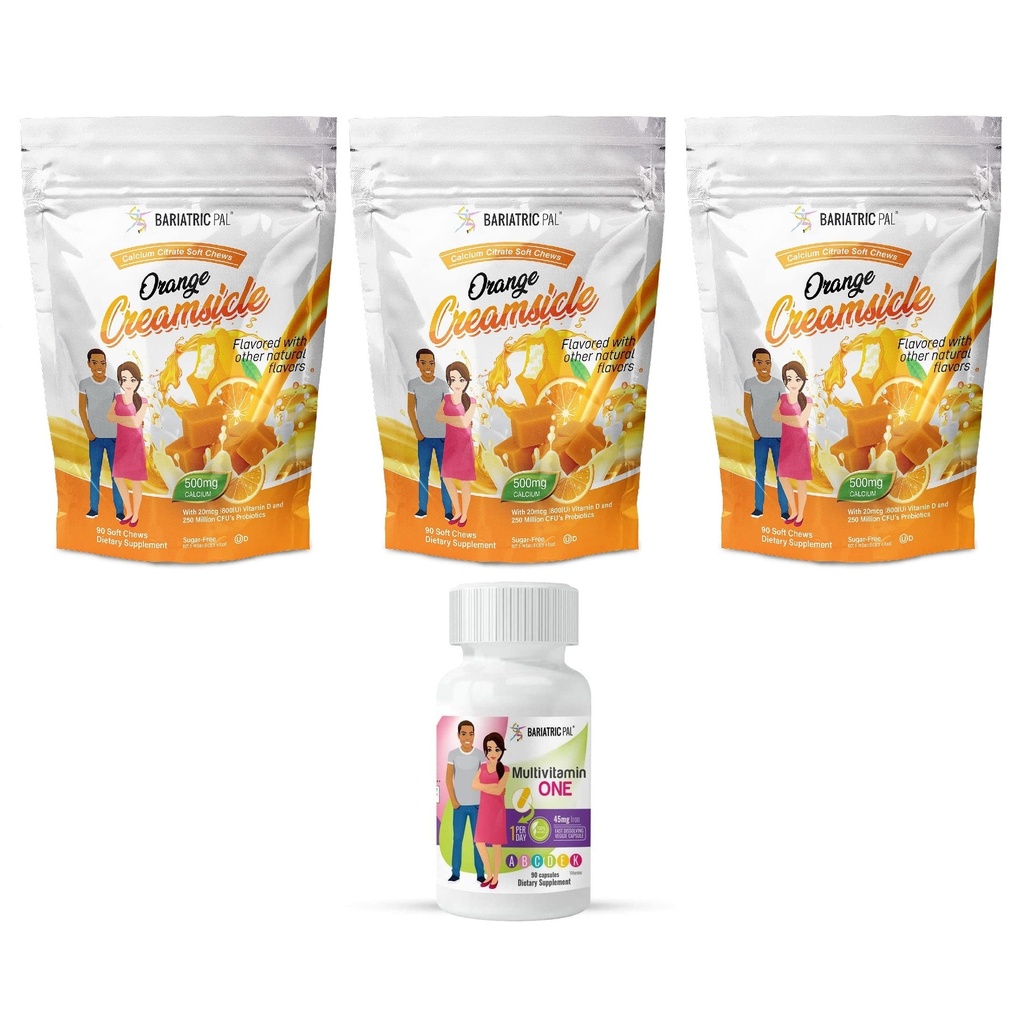 BariatricPal 90-Day Bariatric Vitamin Bundle (Multivitamin ONE 1 al giorno! Capsule con 45 mg Ferro e Calcio Citrato Cuciture Morbide 500mg con Probiotici - Crema Arancione)