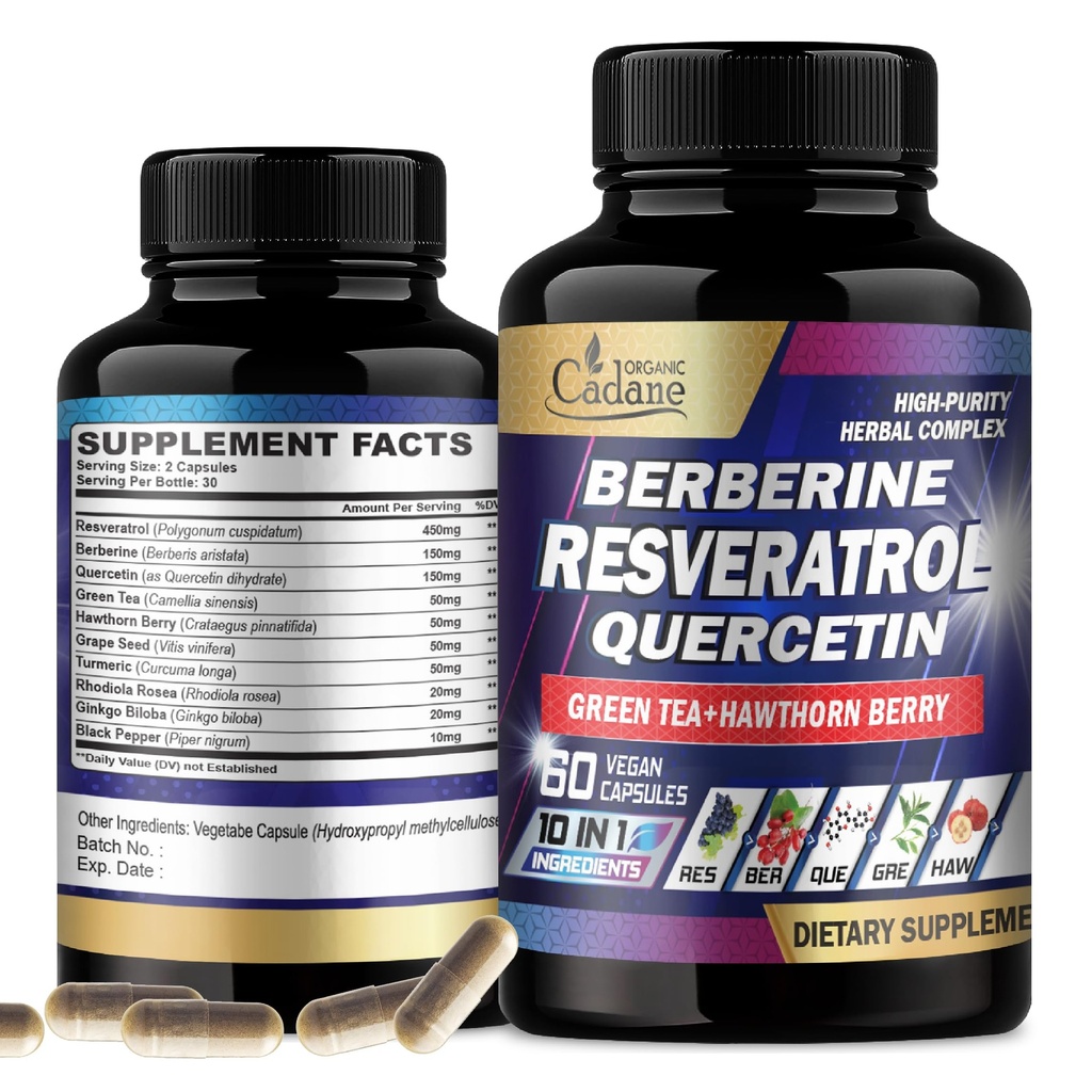 Cadane Resveratrol Supplement - 10in1 Plus mit Quercetin, Berberine, Grüner Tee, Grape Seed, Hawthorn Berry, Turmeric, Rhodiola Rosea, Ginkgo Biloba, und Schwarzer Pfeffer - 60 Kapseln