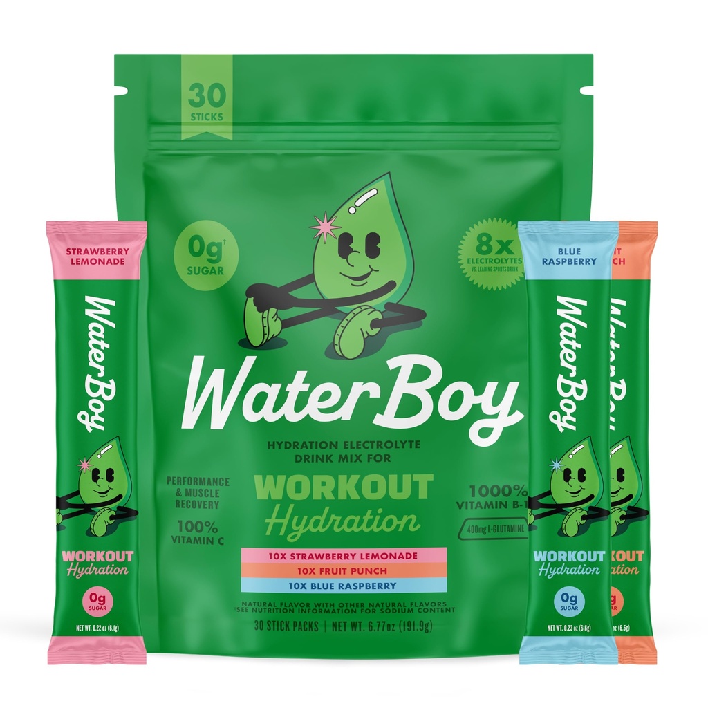 Waterboy Workout Hydration | 2,960mg Zucchero gratuito Electrolyte Powder Packets | L-Glutamine + Vitamine | No Sugar, All Natural, Gluten Free (Variety)