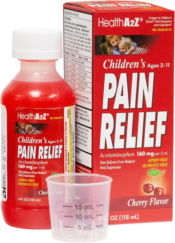 HealthA2Z® Kinder Schmerzlinderung | Acetaminophen 160 mg (5mL) | Alter 2-11 | Cherry Flavor | Schmerzlinderung - Fever Reducer - Oral Suspension | Aspirin und Ibuprofen Free | 4FL Oz (118 mL)