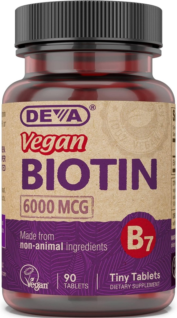 DEVA Vegan Biotin Supplement 6000 mcg – Einfach-zu-Wandow Vitamin B7, Tiny Tablets, 90 Count