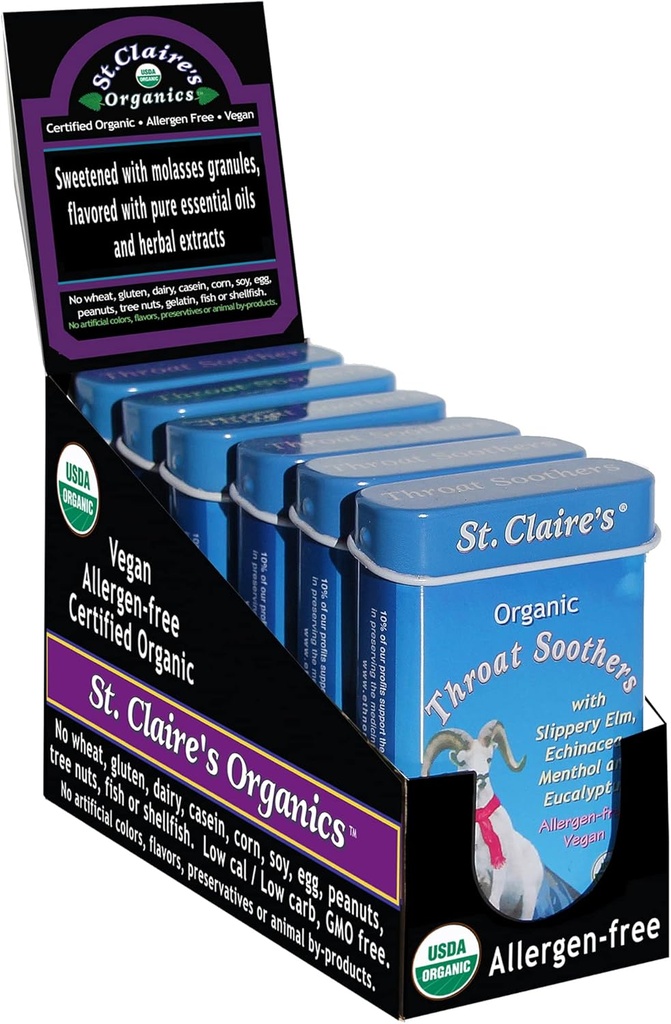 St. Claire's Organics Throat Soothers, (1.5 Unze Tin, Pack of 6) | Gluten-Free, Vegan, GMO-Free, Plant-Based, Allergen-Free | Made in Our Allergen-Free Facility
