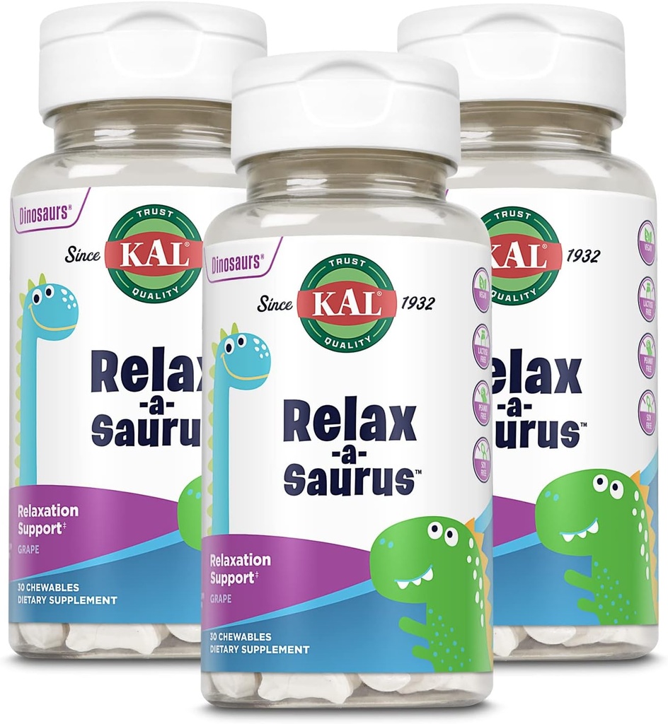KAL Relax-a-Saurus, Supporto Stress Supplemento per bambini, L-teanina per i bambini con Herbal Stress Relief & Blend, Delicious Natural Grape Flavor, 60-Day Guarantee, 30 Chewables Pack di 3