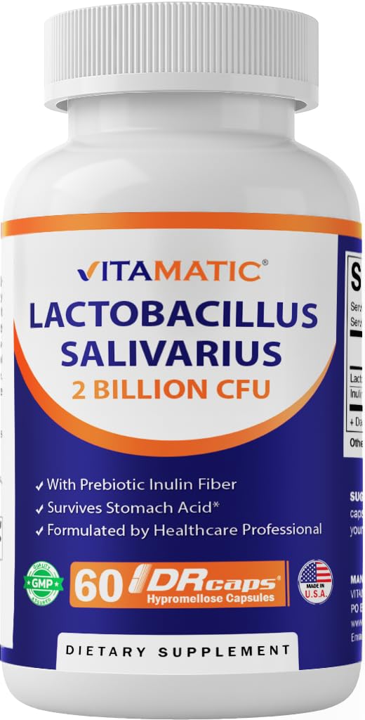 Vitamatic Lactobacillus Salivarius 2 Milliarden pro DR-Kapsel - 60 Count - Verdauungsunterstützung - Hergestellt mit präbiotischer Inulinfaser (1 Flasche)