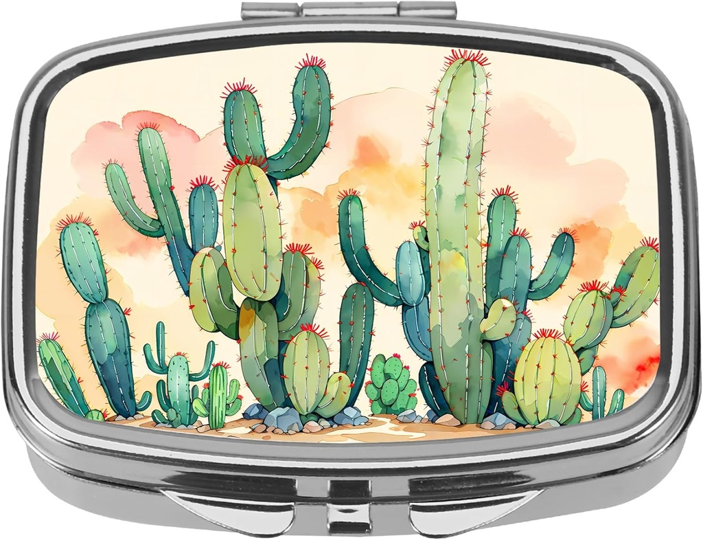 Dynippy Pille Box mit Spiegel Retro Tasche 2 Kompartiment Medizin Fall Vitamin Pill Organizer für Taschenspülung und Reisen (Silber-Cactus Muster)