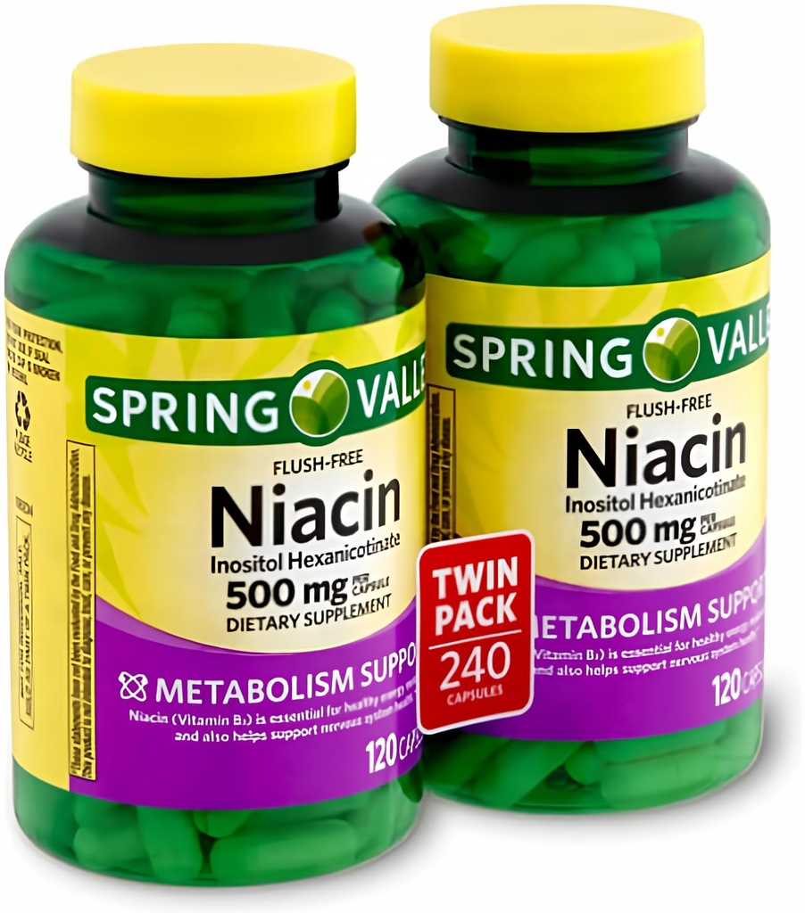 Spring Valley - Flush Free Niacin (B-3) 500 mg, 240 Capsules (2 Bottles of 120)