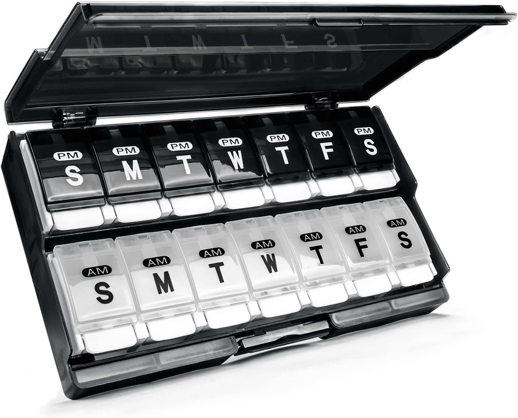 Extra Large Weekly Pill Organizer 2 volte al giorno - Remtise Am/Pm Daily Pill Case Medicine Organizer, Push Button 7 Day Pill Box per Pills/Vitamin/Cod Liver Oil/Supplements (Black & White)