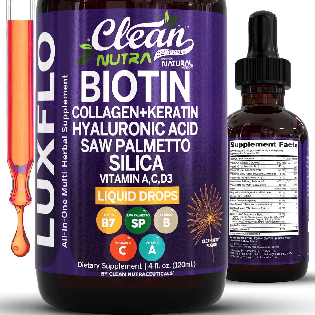 Biotin Liquid Tropfen Collagen Keratin Hyaluronsäure Säge Palmetto für Haar Haut und Nägel Silica Vitamin A C Vitamin D Bamboo Turmeric Zinc Folate Magnesium Horsetail LuxGlo von Clean Nutra