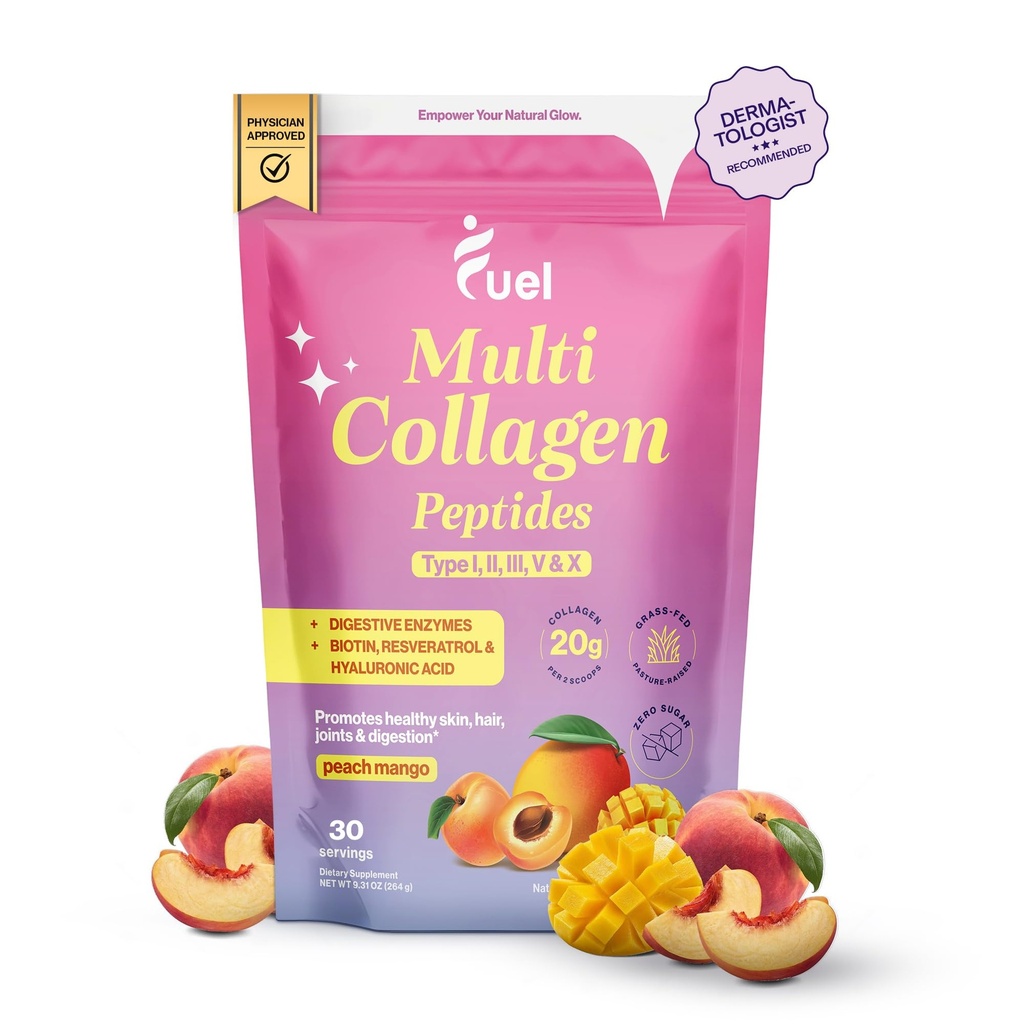 Carburante Multi Collagen Peptides Polvere – 20g Collagene idrolizzato I, II, III, V & X per capelli, pelle, unghie e supporto misto – Migliore assorbimento – Keto & Gluten Free, Peach Mango, 9.31oz
