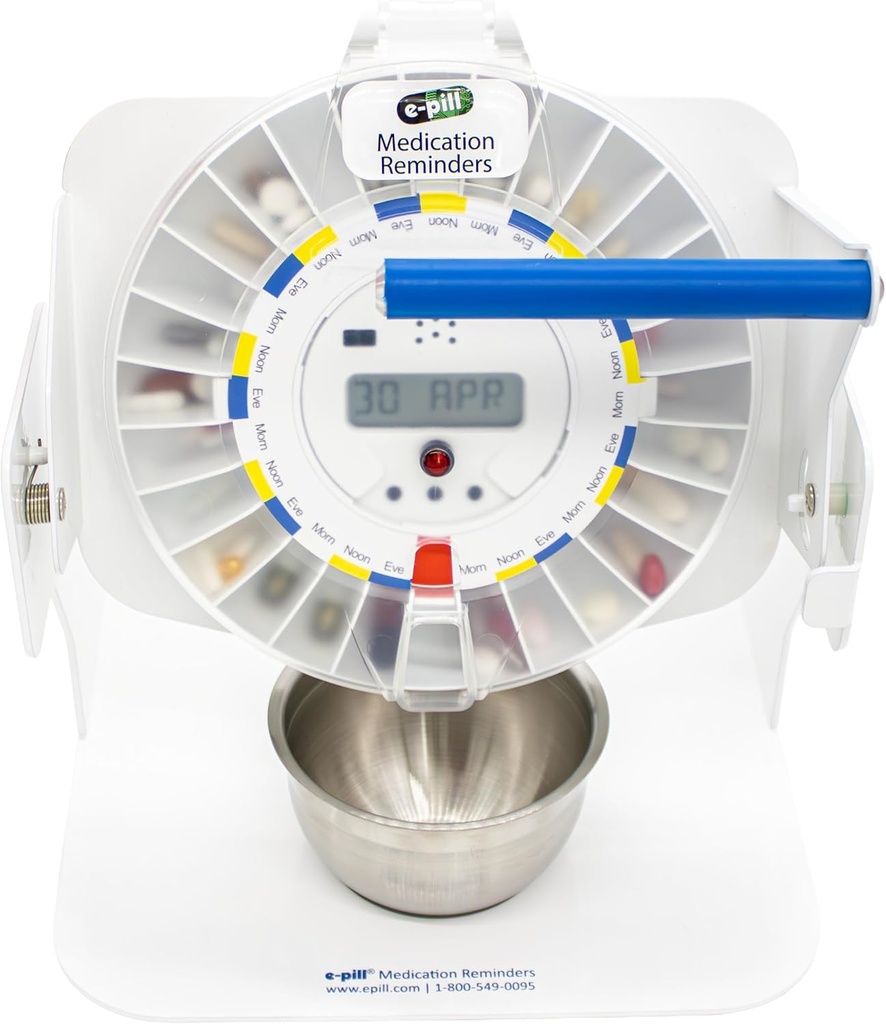 e-Pill MedTime Station – Gesperrter automatischer Pillenspender mit Tipper Base, 6 Alarmeinstellungen – Transparente Klarabdeckung
