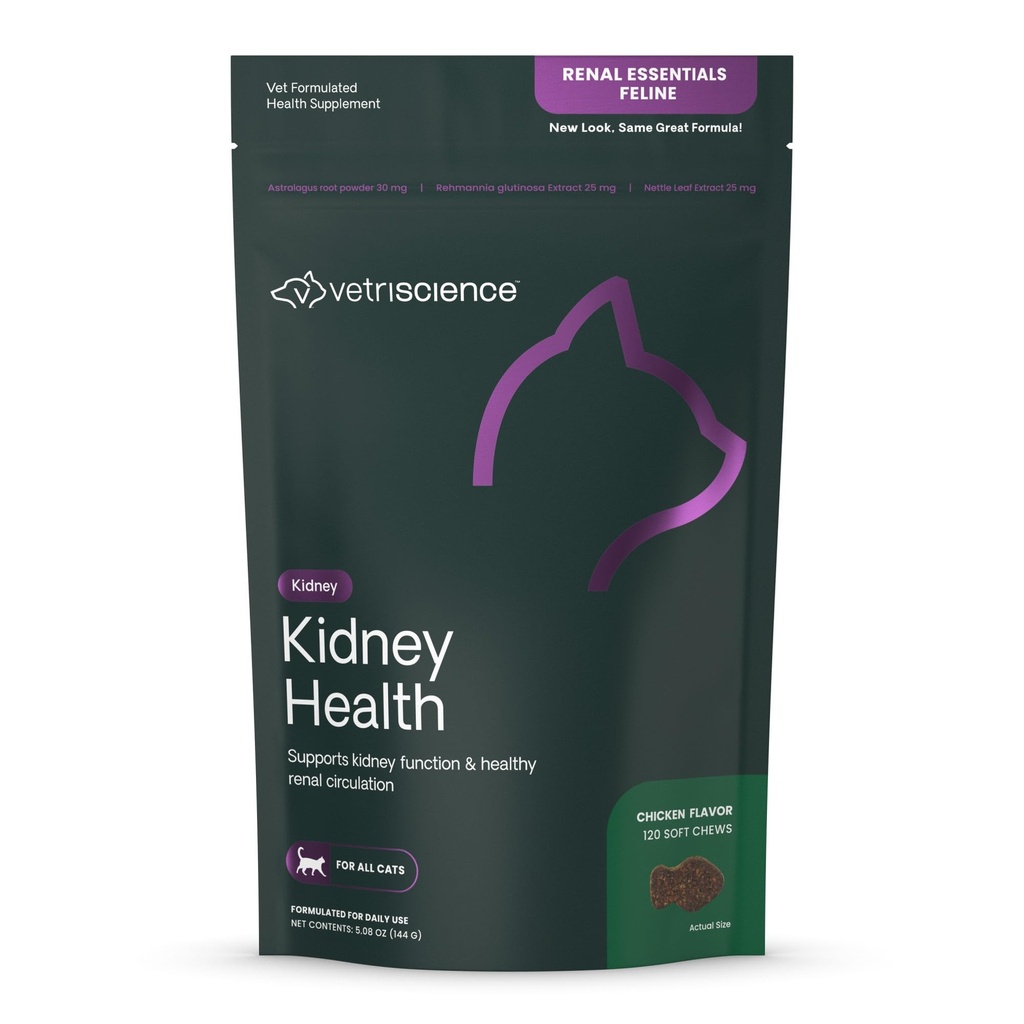 VetriScience Rein Health Chews, Rênal Essentials Supplément pour chats, soin du rein et soutien avec champignons, racine d'Astragalus, graines et herbes, poulet, 120 Compte