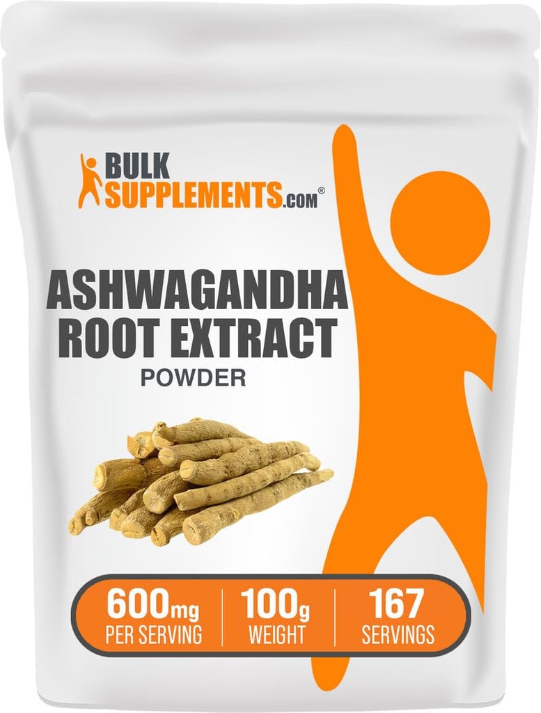 BulkSupplements.com Poudre d'extrait de racine Ashwagandha - supplément Ashwagandha, supplément à base de plantes - végétalien et sans gluten, 600mg par portion, 100g (3.5 oz) (paquet de 1)