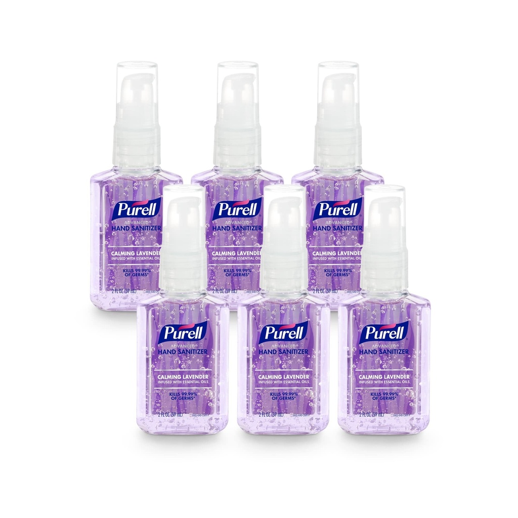 Purell Advanced Hand Sanitizer Gel Infuso con oli essenziali, lavanda calmante, 2 fl oz Travel-Size Pump Bottiglia (Pacchetto di 6), 3905-04-EC