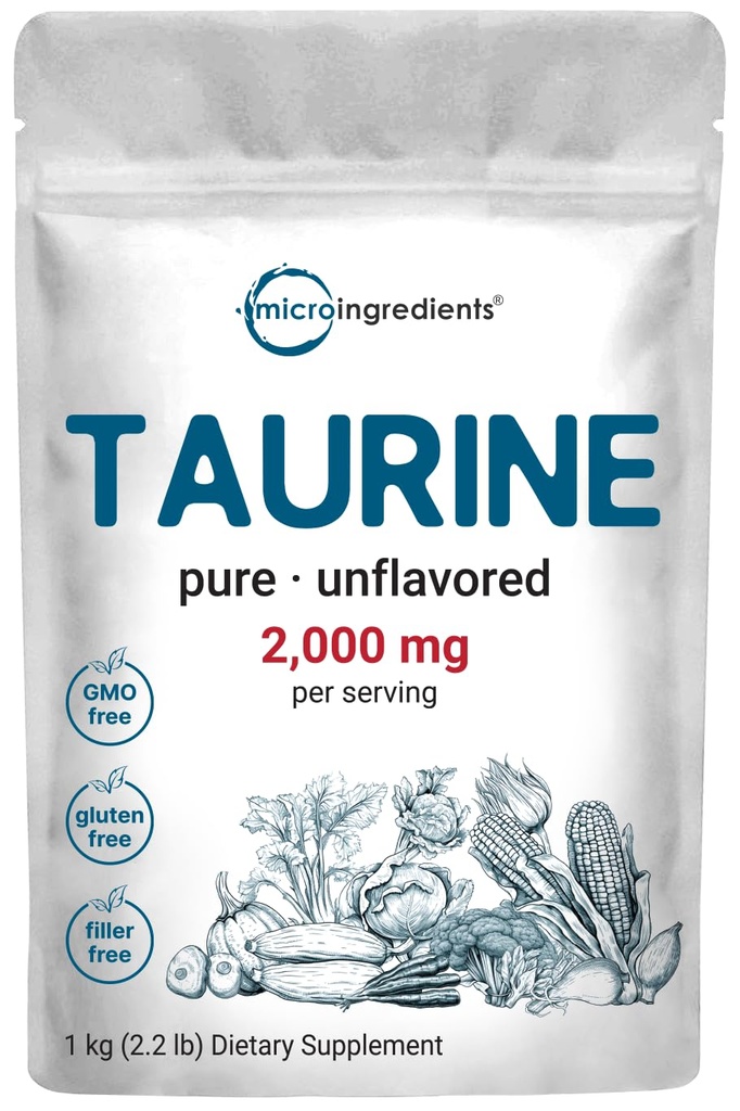 Micro Ingredienti Taurina Polvere Supplemento | 1 KG, 2000mg Per Serving | Senza aroma | 100% puro, Facilmente assorbito Forma libera | Aminoacidi essenziali per l'esercizio, l'energia e il supporto cardiaco