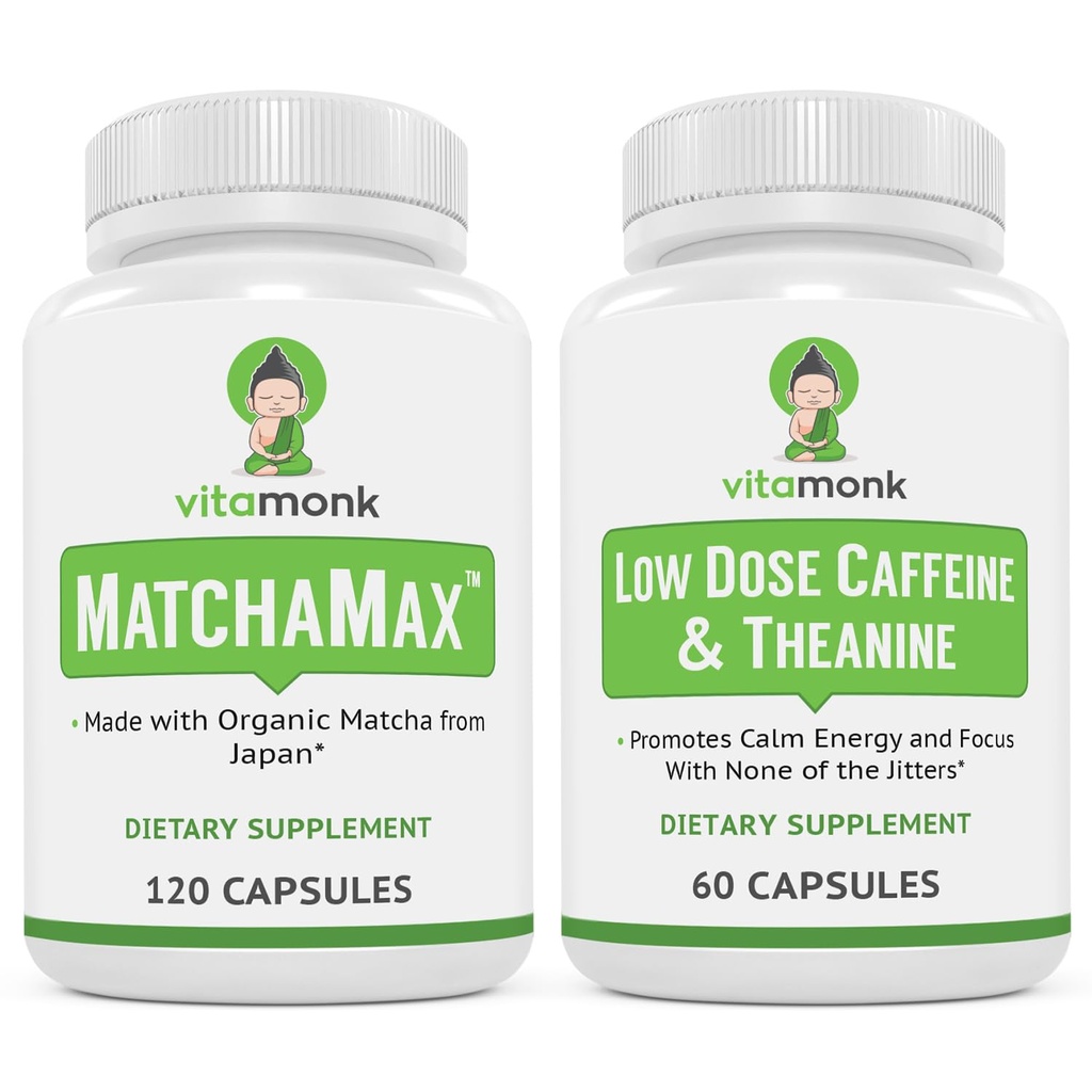 VitaMonk Energy & Focus Bundle: MatchaMax Organic Japanese Matcha Capsules Low Dose Caffeine und Theanine