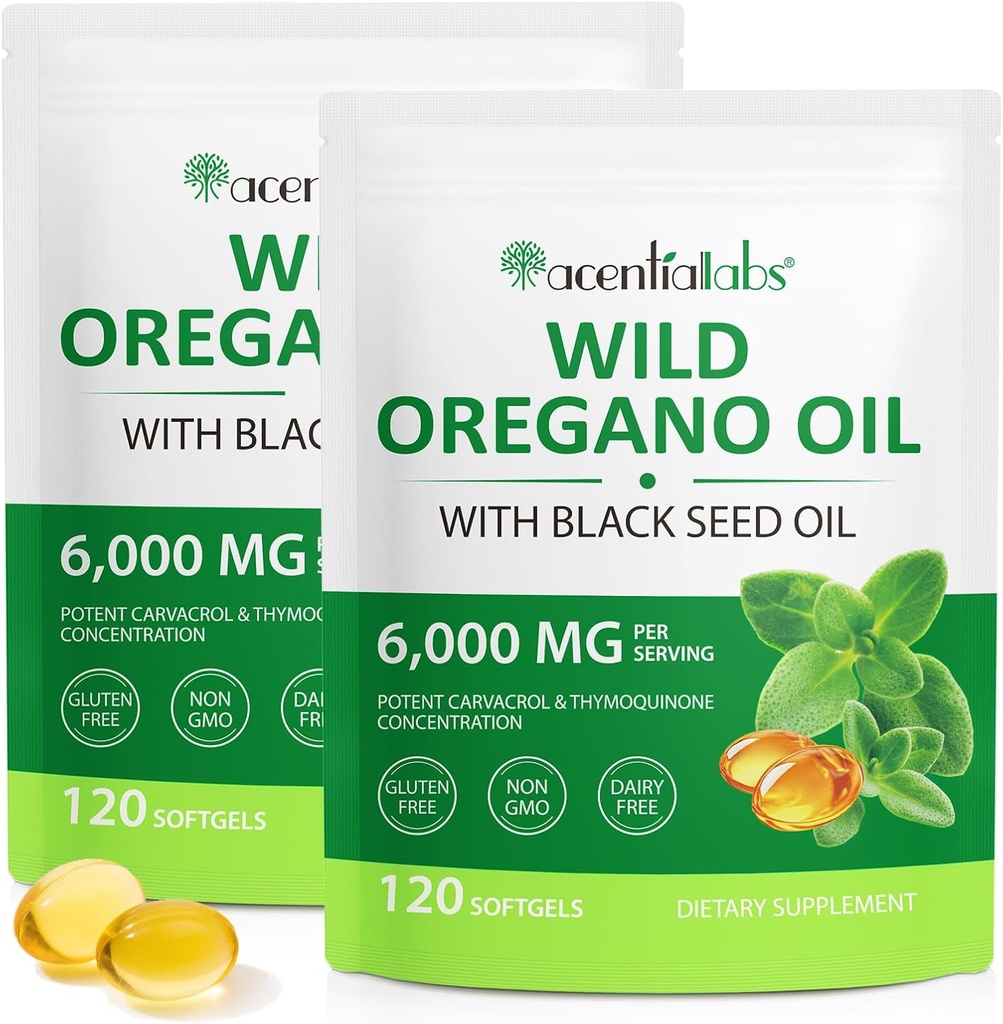Öl von Oregano Softgels 6000mg 2 Pack, 2 in 1 Formuliert mit schwarzem Seed Öl 120 Count, Oregano Öl Kapseln Bio, Glutenfreies Öl von Oregano Softgels, Non-GMO & Immune Support