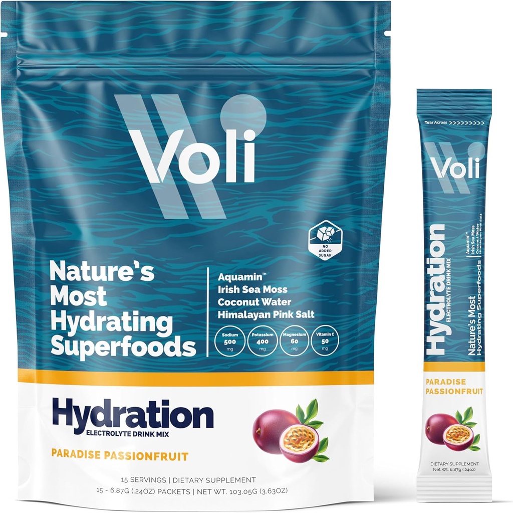 Voli Elektrolyte Pulver-Packets | Kein hinzugefügt Zucker Elektrolyt-Getränk-Mix für Hydration | Keto & Fasting Friendly, Natürliche Superfoods & Minerals | Passionfruit, 15-Count