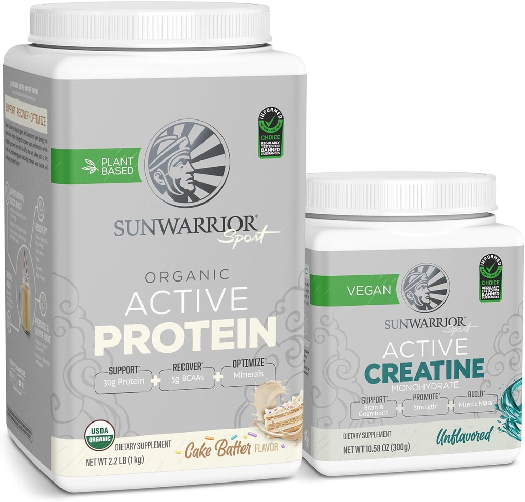 Sunwarrior Poudre de protéines véganes USDA Organique , 20 portions Cake Batter Aromatisé et poudre monohydratée de créatine , 60 portions non aromatisées
