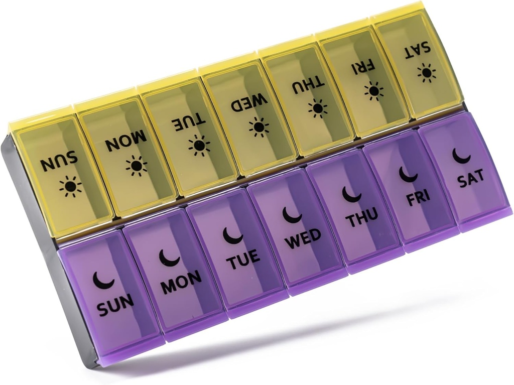 Grand organisateur de pilules 2 fois par jour, cas de pilule hebdomadaire, AM PM Pill Box, conteneur de pilules de nuit de jour 7 jours, distributeur de médicaments de cas de vitamine deux fois par jour (jaune et violet)