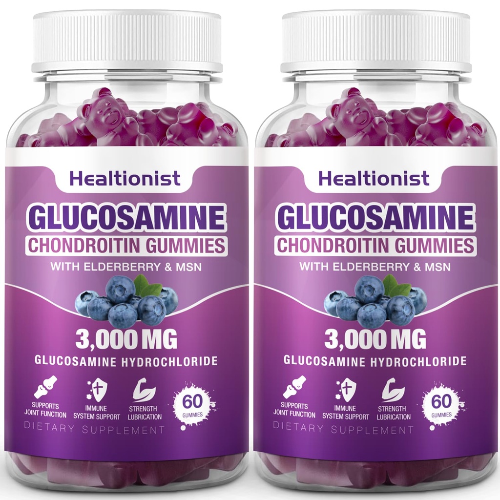 2 Packungen 3000mg Glucosamin Chondroitin-Gummi mit MSM & Holunderbeere - Extra Strength Joint Health, Flexibilität, Antioxidant Immune Support Supplement Gummy für Erwachsene, Männer und Frauen 120 Cts