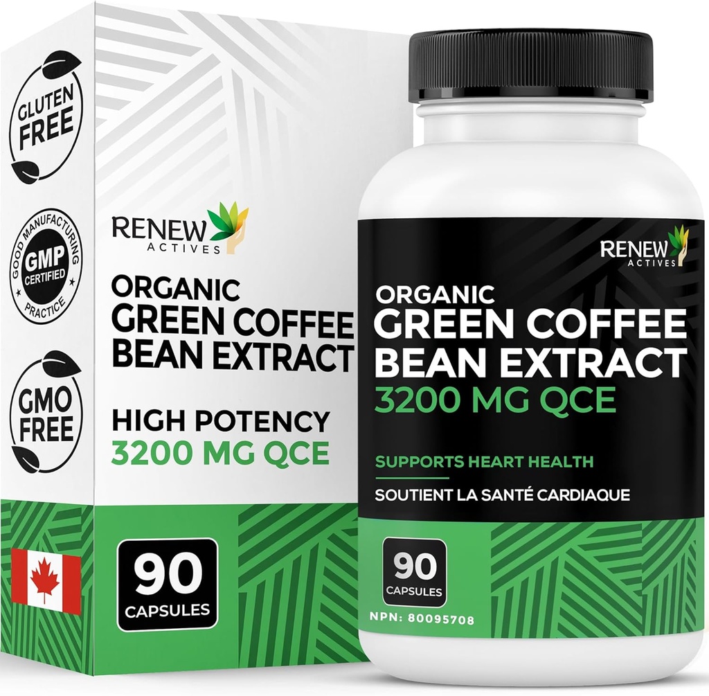 Estratto di chicco di caffè verde ad alta potenza - 800mg per porzione Estratto di chicco di caffè verde con 50% acido clorogenico per benefici antiossidanti - Made in Canada - 90 capsule vegane
