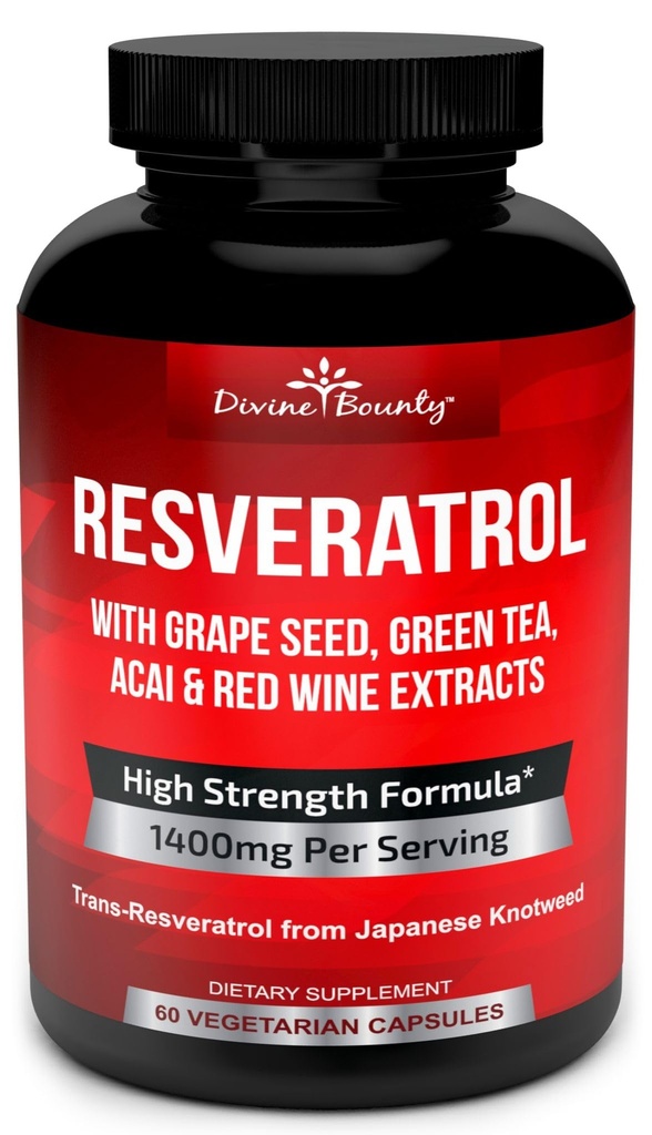 Resveratrol Ergänzung - 1400mg extra Stärke Formel mit Trauben Saatgut Extrakt, Grüner Tee Extrakt, Rotwein Extrakt - 60 Veggie Kapseln