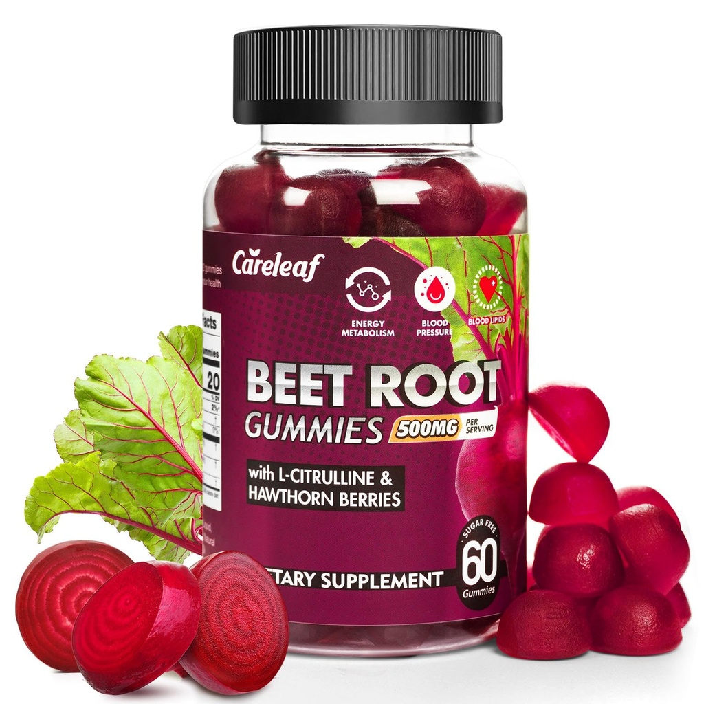 Sugar Free Vegan Beet Root Gummies für Blutdruck, Beetroot Gummies mit L-Citrulline und Hawthorn Extract, Peach Flavor Beet Chews für hohen Blutdruck, 60 Zähler