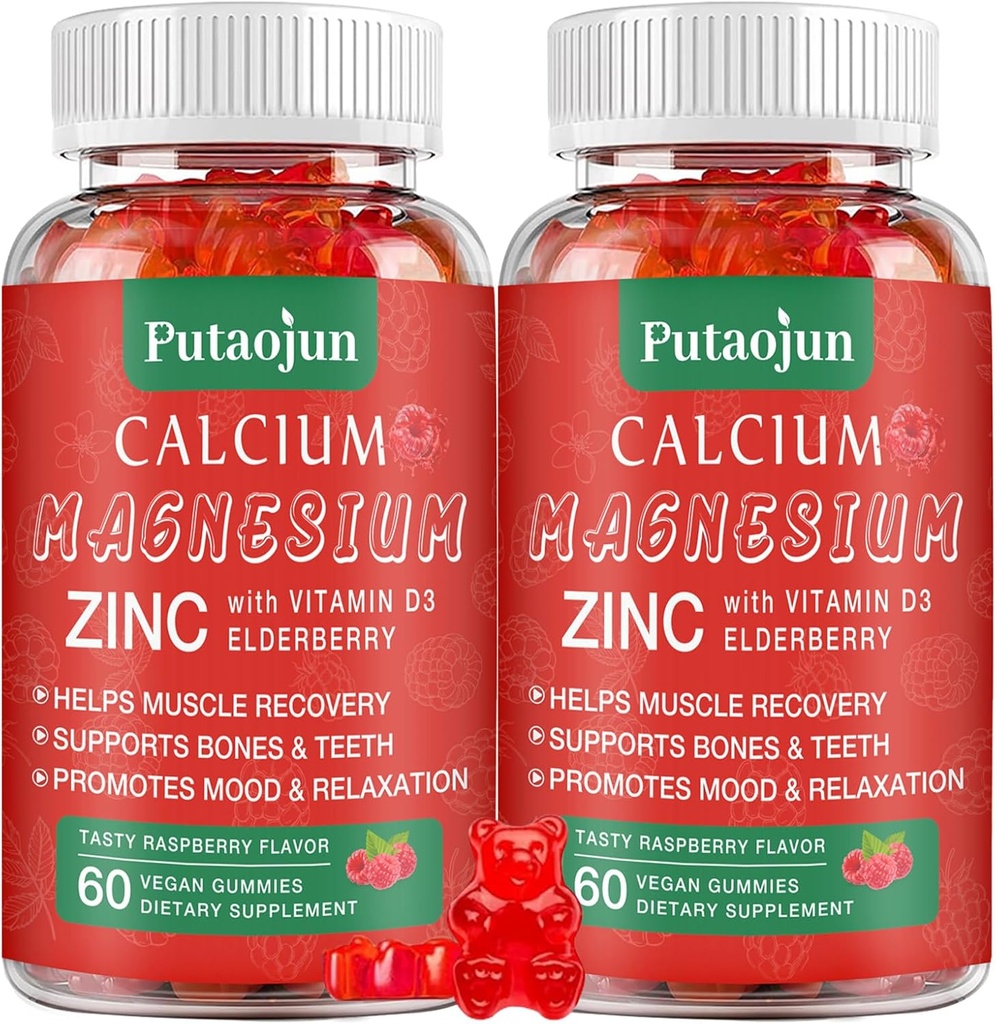 High Absorption Calcium Magnesium Zinc Gummies, Sugar Free Calcium Magnesium Zinc Supplement with D3 | Bone & Teeth Strength | Muscle & Nerve Function | Vegan | Raspberry Flavor | 2 Pack