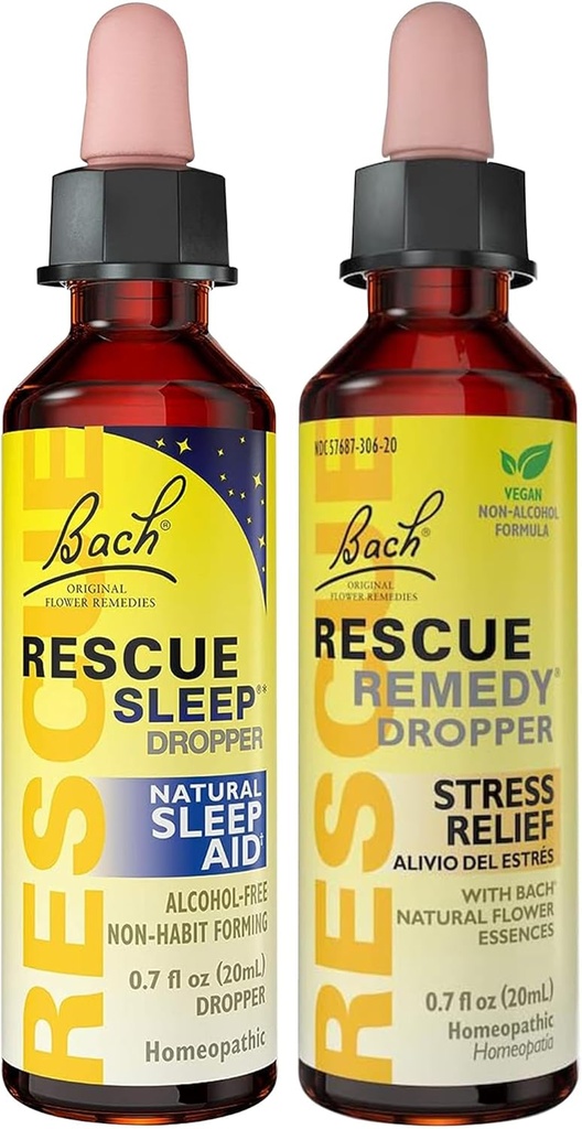 RESCUE Stress Rilievo & Sleep Support Bundle, Non-Alcohol Formulas, Bach Remedy Dropper 20mL 2-Pack Sleep Dropper 20mL, Omeopatico Flower Essences