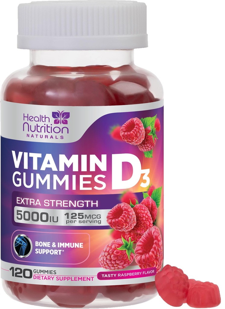 Vitamin D3 Gummie 5000 IU (125 mcg) - Dreifache Stärke Knochen und Immununterstützung, Vitamin D Gummy Nahrungsergänzung, Natur Berry D Vitamin Supplement, Himbeer Flavored, Non-GMO - 120 Gummie