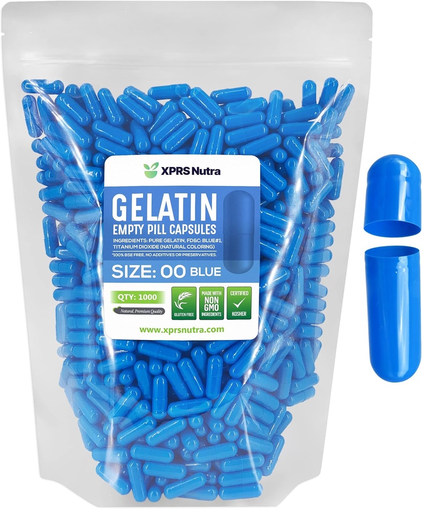 XPRS Nutra Größe 00 Leere Kapseln - 1000 Graf Leere Gelatine Kapseln - Pillen DIY Kapsel Füllung - Füllbare Gelkappen für Do-It-Yourself Ergänzungen (blau)