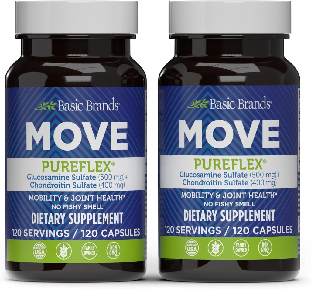 Marques de base - Move Pureflex Glucosamine Chondritin - Supplément de soutien pour la flexibilité et la mobilité - 120 Capsules - 2-Pack