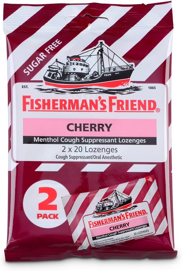 Gocce di tosse di Fisherman's Friend, Cough Suppressant and Sore Throat Lozenges, Cherry Sugar Free Menthol Flavor, 40 Count