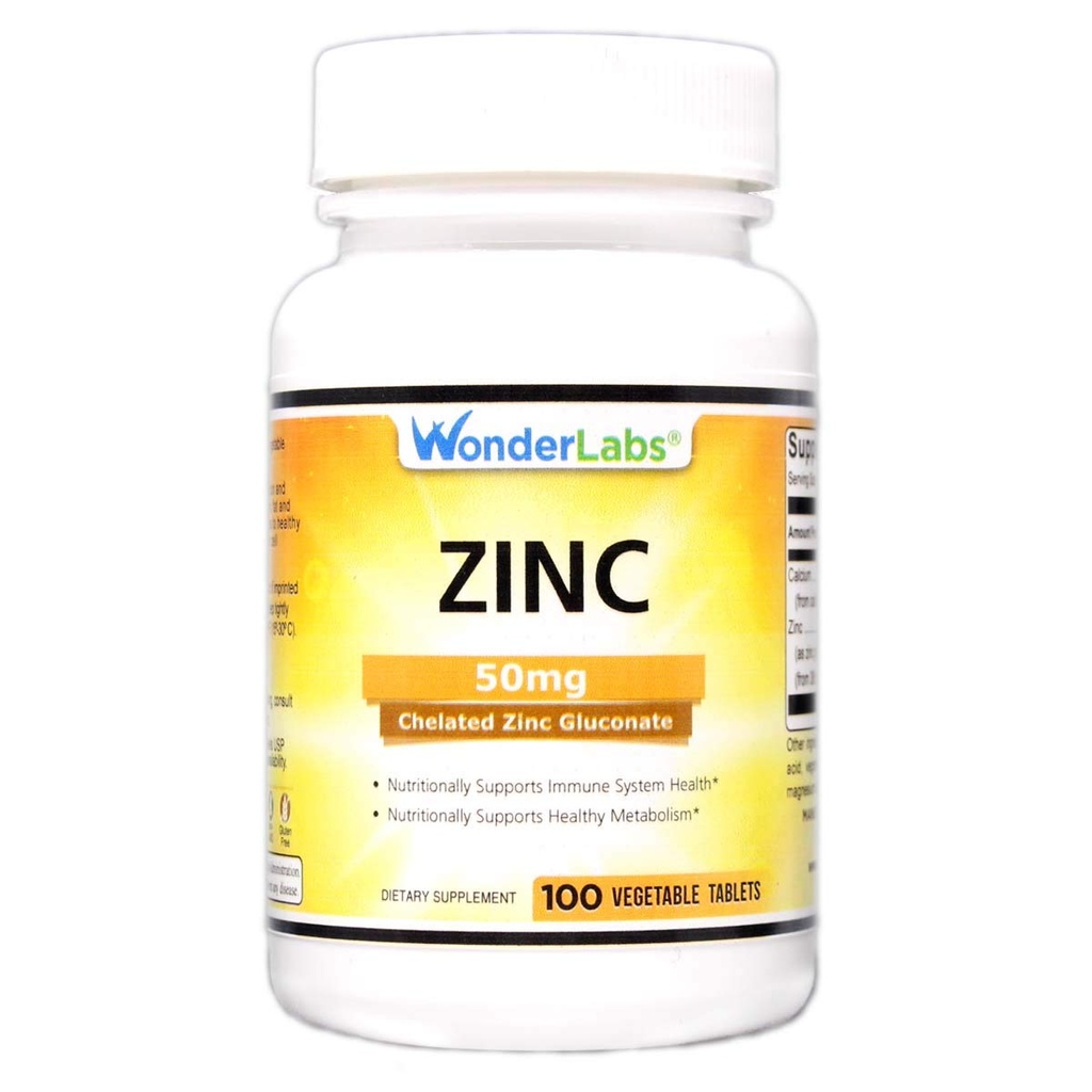 Wonder Laboratories Chelat Zink Gluconate 50 mg - Unterstützt gesunde Haut, Immunsystem, Zellwachstum und mehr - 100 vegetarische Tabletten