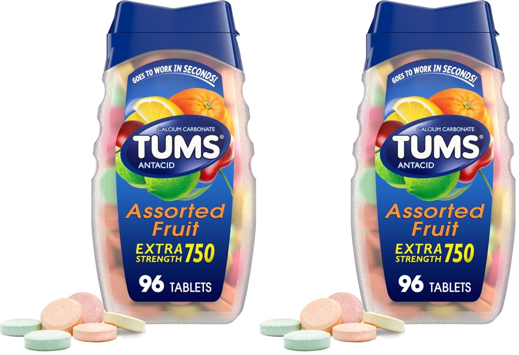 TUMS Extra Strength Antacid Tablets für Kaubares Sodbrennen Relief und Säure Verdauungsentlastung, sortierte Fruchtgeschmack - 96 Count (Pack von 2)