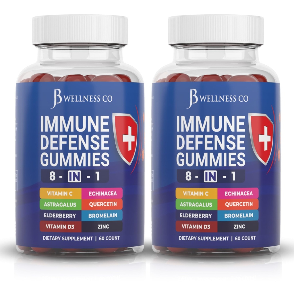 8 in 1 Immune Difesa Booster Supplemento Gummies con Astragalus radice, vitamina C e zinco, vitamina D3, sambuco e quercetina (2 pacchetto)
