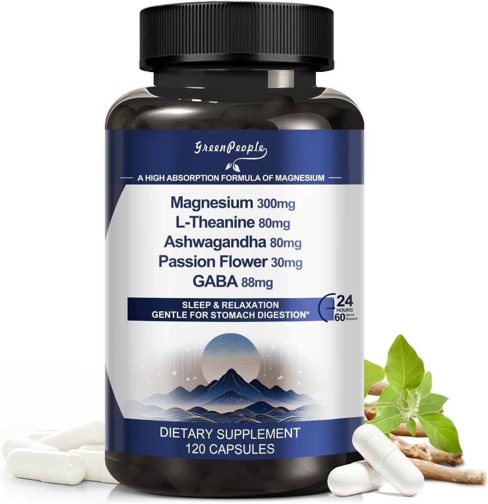 GREENPEOPLE Triple Magnesium Complex | 300mg Magnesium Supplement zum Schlafen | 8-in-1 Formel w/Ashwagandha/L-Theanin/GABA Unterstützung Restful für Männer & Frauen - Vegan, High-Absorption - 120 CT