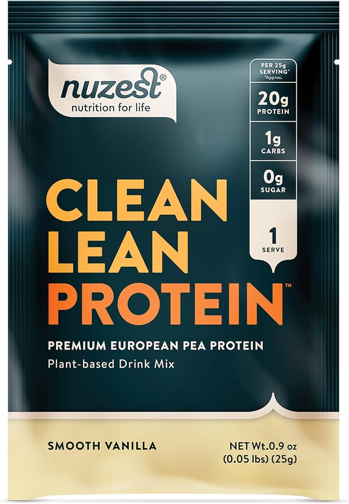 Nuzest - Pea Protein Powder - Clean Lean Protein, Premium Vegan Pflanzen basiertes Proteinpulver, Dairy Free, Glutenfrei, GMO Free, Natürlich gesüßte Protein Shake, Glatte Vanille, 1 Servieren, 0.9 Unze