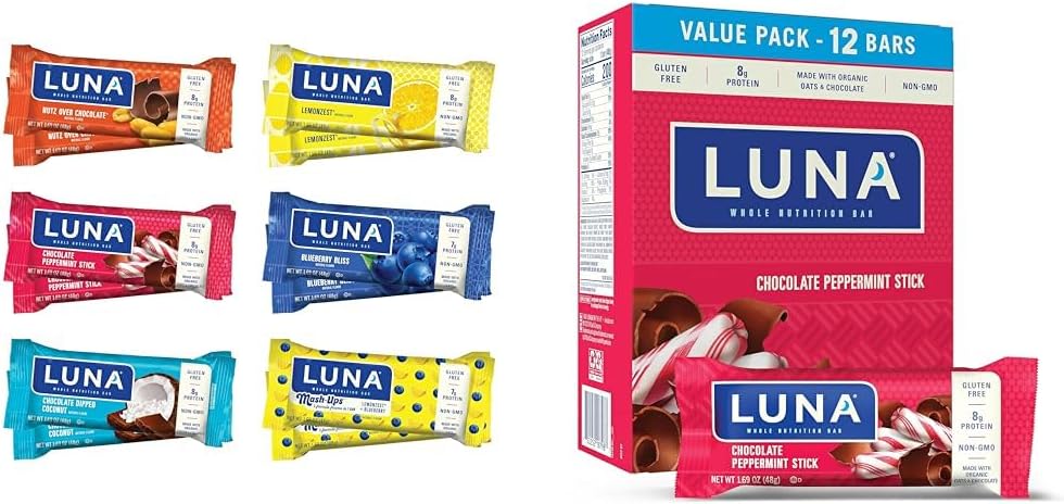 Lot de variétés LUNA Bar (12 Nombre) + bâtonnet de menthe poivrée au chocolat (12 Pack) - Barres de snack sans gluten