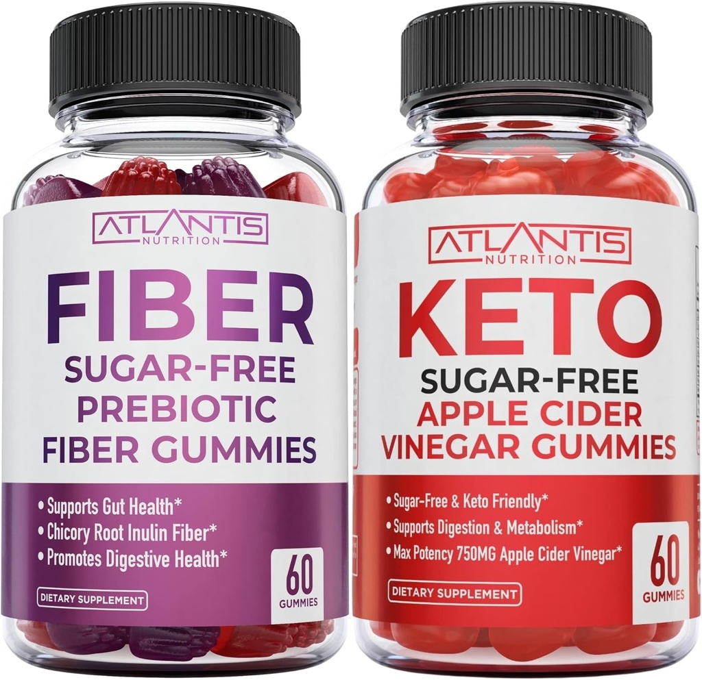 Atlantis Nutrition Sans sucre Gommies de fibres prébiotiques pour adultes 2-pack (120 Gommies) + sans sucre vinaigre de cidre de pomme Keto 60 Gommies