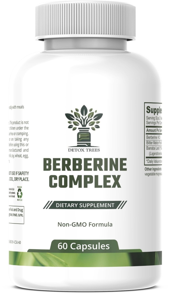 Supplément berbère avec extrait de mélône amère et extrait de feuille de Banaba - 1000mg Berberine HCL pour système immunitaire - Gestion du poids - Non-OGM - Complexe berbère sans gluten, 60 capsules.