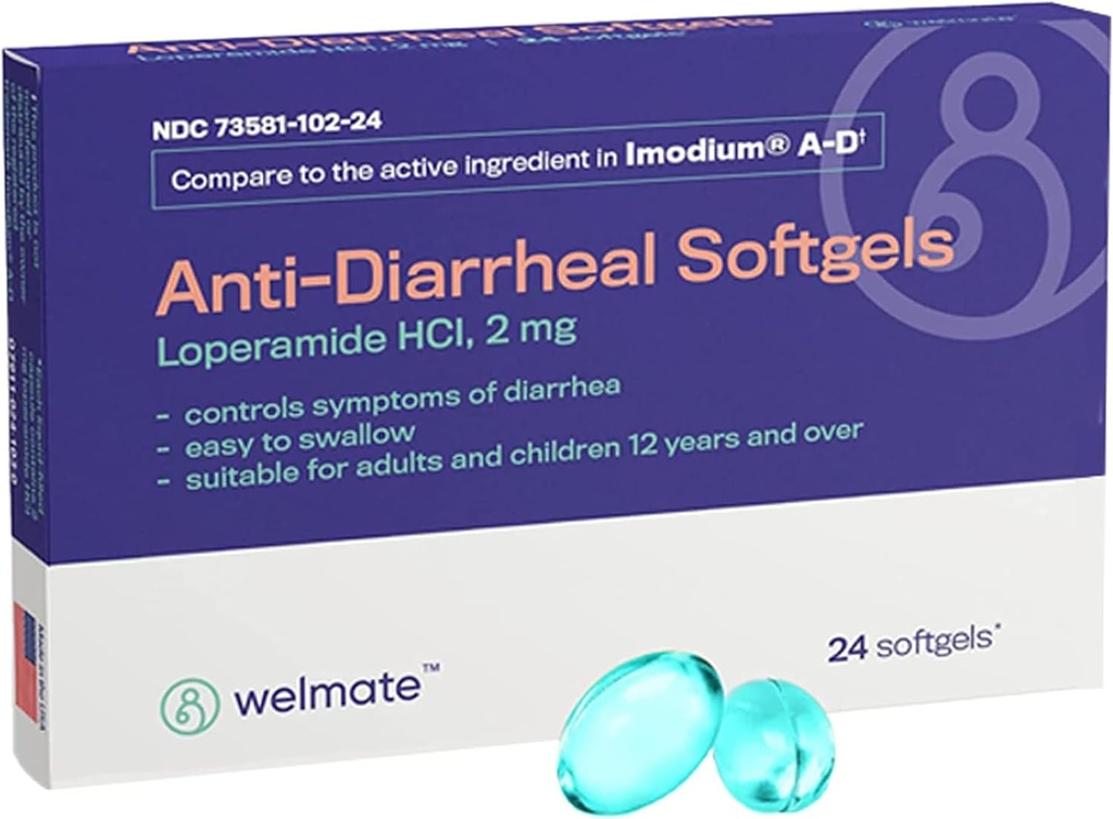 WELMATE - Anti-Diarrheal Softgels (24 Softgels) - Loperamid HCL 2 mg - Diarrhea Symptom Relief - Upset Stomach Reliever - Anti Diarrhea Pills - Over-The-Counter Medication