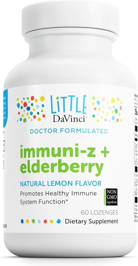 DAVINCI Little Immuni-z + Elderberry - Kids Zinc Lozenge to Support Imune Health, Healthy Lungs and Throat Tissue* - with Vitamine D3, Zinc, Elderberry and More - Lemon Flavor - 60 Lozenges