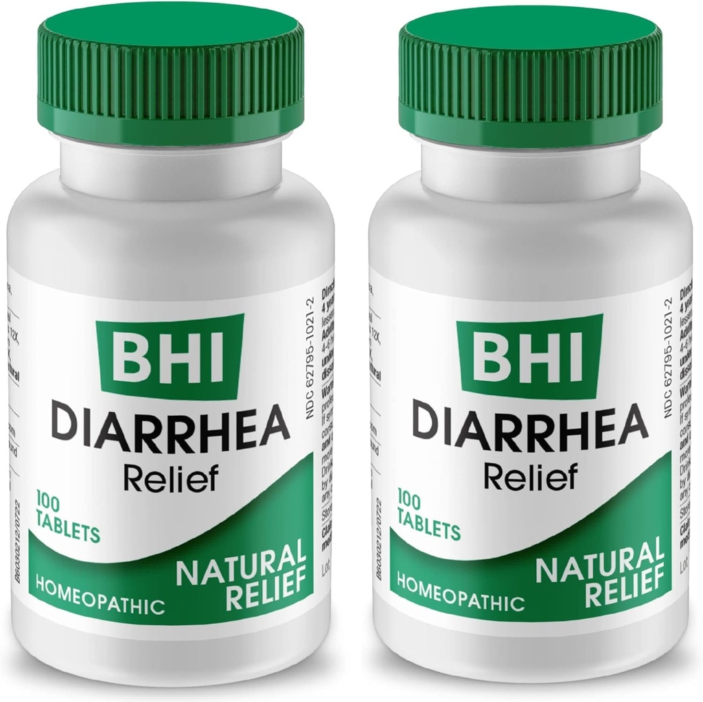 BHI Diarrea Relief Remedy naturale ad azione rapida per la diarrea mite - 8 Attivi omeopatici calma aiutano la stomach calma Ache, Gas & Cramps per le donne & gli uomini - 100 compresse (Pack of 2)