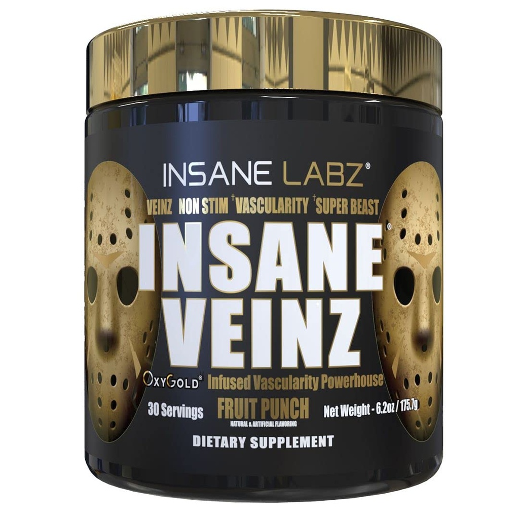 Insane Labz Insane Veinz Gold, Nitric Oxide Non Stimulant pre Workout Powder, geladen mit Hydromax, Nitrosigin, erhöht Vaskularität und Blutfluss, 30 Srvgs, Frucht-Punch