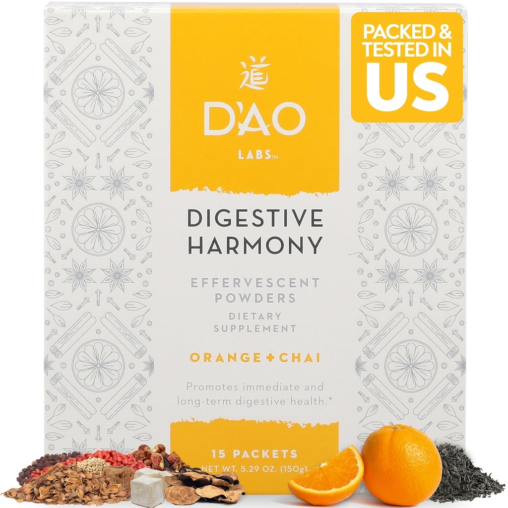 D'AO Labs Digestive Harmony - Organic Digestive Enzymes - Herbs tradizionali cinesi e Chai Powder - Arancione-Chai Flavor - Preserve Harmony Decoction (Bao He Wan) - 15 Serve individuali