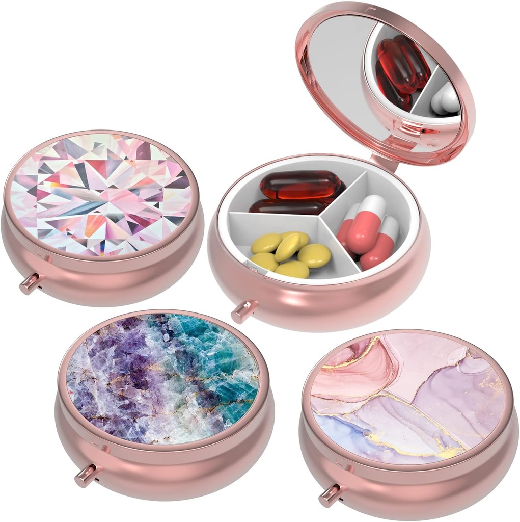Small Pill Box,Pill Case for Purse&Pocket,3 scomparti Travel Pill Case Medication Organizer Storage for Vitamins, Pills, Fish Oil e Orecchini, Studs,Rose Gold-3Round